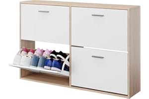 CASABEL Meuble de Rangement à Chaussure Capacité Totale 24 Paires - Double Compartiment - Armoire Etagere Grande Capacité pour Entree, Couloir - L114xP24xH80 cm - Portes Blanches Cadre Bois Clair