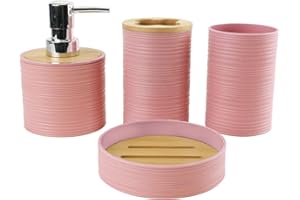 Hosoncovy 4 Pcs Bathroom Container Set Bathroom Accessory Set with Soap Dispenser, Bathroom Cup, Soap Dish ，Toothbrush and Toothpaste Holder (Pink)