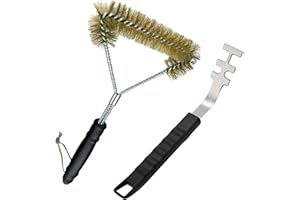 SCDZY Grillrostheber, 2 Stück hitzebeständige Grillrostheber + Grillbürste Dreiseitige, Anti-Verbrühung Grillrost Heber Werkzeug Edelstahl-Grillgitter-Abzieher BBQ Werkzeuge Zubehör für Camping