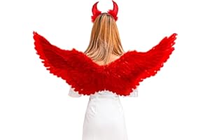 YIMOJOY alas de ángel Rojo con Cuernos de Diablo,75CM alas de ángel Traje de los niños alas de ángel para Las niñas,alas de Plumas de ángel para Halloween Carnaval Cosplay Fiesta Fiesta de Disfraces