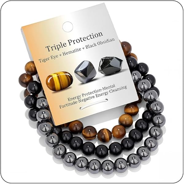 Rebuy drievoudige bescherming armband Tijgeroog Zwarte Toermalijn Hematiet steen armband, 7.5 inch, Kristal, Agaat
