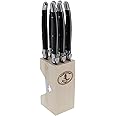 Jean Dubost Laguiole 6-Piece Steak Knife Set, Black Handles - 1.2 mm Blades - Rust-Resistant Stainless Steel - Includes Wooden Block - Made in France