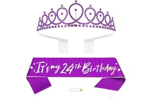 XIHUIMAY 24ème anniversaire couronne et écharpe fille femme 24e anniversaire décoration strass anniversaire diadème princesse couronne cristal reine tiare anniversaire écharpe d'anniversaire 24 ans décoration