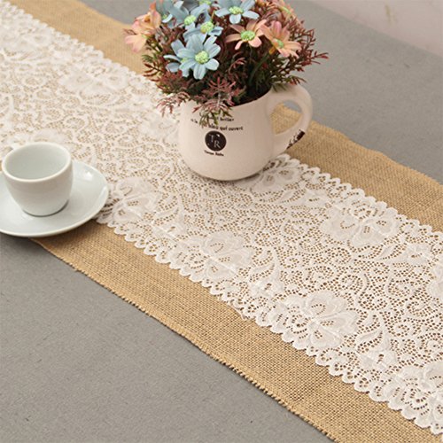 PsmGoods® Rustic Burlap Spitze Hessischen Tischläufer Natürliche Jute für Hochzeit Festival-Ereignis Tischdekoration 30x180cm-weiße Spitze - 2