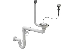 Granitan Platzsparendes Küchenspülen Siphon - Küchenspülenablauf-Set mit Anschluss Geschirrspülmaschine - Abflüssen 115 mm/3,5 Zoll - Ablaufgarnitur für 1 Becken mit automatischen Stopfen - Chrom