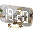 SZELAM Digital Clock Large Display, LED Electric Alarm Clock Mirror Surface for Makeup with Diming Mode, 3 Levels Brightness, Dual USB Ports Modern Decoration for Home Bedroom Decor（Gold