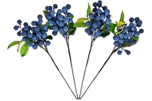 DS. Distinctive Style Arándanos Artificiales, 4 Piezas, Bayas de Frutas Artificiales realistas, Flores Falsas para decoración (Azul)