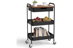 ‎SHRIVEE Shrivee 3-Tier Küchenwagen mit Tisch und Schublade, Allzweckwagen, Metallnutzungen Rollwagen, Regalwagen für Bürosalon, Allzweckkosmetik, Servierwagen für Küche, Badezimmer, Büro (Schwarz)