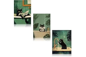 JYNXOR 3 Pezzi Divertente Gatto Bagno Parete Arte Immagini, Quadri per Bagno,Gatto Nero Vintage Lavare le Zampe Leggendo Giornale Stampe d'arte per Bagno Toilette Arredamento (Senza Cornice, 20x25 cm)