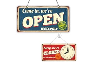 PLIGREAT Vintage Wood Business Hours Sign with Clock - Open/Closed Sign - Width: 15 cm, Length: As Shown, Height: As Shown - Wall/Door Mount - Includes Hook, Chain