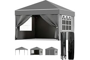 ‎ISE ISE Pavillon 3x3 mit Seitenwänden, Faltpavillon stabil inkl.Tragtasche, Pavillion klappbar 3x3m UV-Schutz 50+,Partyzelt höhenverstellbar für Garten,Grau