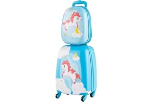 HOMFME 2 PCS Kids Luggage Set, 16 Inch Children Carry on Suitcase with 12 Inch Backpack, Adjustable Handle and Smooth Wheels, Hard Shell Boys Girls Trolley Case for Travel School (Unicorn, Orange)