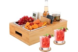 HRKVSK Couchbar Snackbox, Couch Bar Snackbar mit Unterteilbaren Ablagefach, Sofatablett mit 2 Untersetzer für die Couch, Couchbar Sofatablett - Weinregal - Snackschale - Snackhalter - Couch Butler