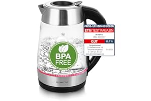 Emerio WK-122227 szklany czajnik elektryczny z funkcją Smart Easy Fill, wybór temperatury (60°C/70°C/80°C/90°C/100°C), nie zawiera BPA, ochrona przed pracą na sucho, automatyczne wyłączanie, 2200 W,