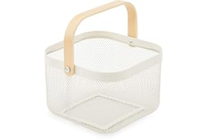 EZOWare Cesta de Almacenaje Decorativo Multiuso de Alambre Metálica con Asa de Madera, Caja Organizador para Cocina Baño Alimentos Armario - Color Blanco