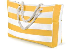 Deciniee Extra Large Beach Bag for Women: Waterproof Beach Tote Bag - Foldable Summer Beach Bags With Zip and Pockets - Yellow Stripes
