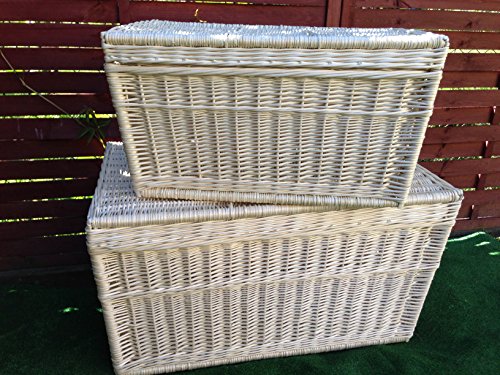 Zwei Weißer Korbtruhen, Weidenkorb 80cm und 60cm, Aufbewahrungskorb, Korb-Truhe, White Wicker Chest Set, Wicker Trunk - 2