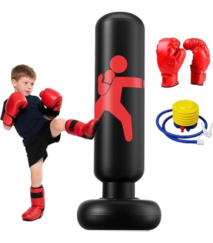 MMA bokszak voor kinderen: opblaasbare bokszak, robuust voor kickboksen, karate, MMA, veilig voor kinderen (rood, 160 cm