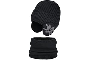 BOYSSPAA 2 Pack Kids Winter Knitted Beanie with Earmuffs Neck Protector 2-10 Years Old Girls Boys Wool Winter Thermal Hat Scarf Hat Set for Kids Insulated Cold Weather Set
