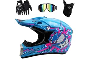 GDAONUDK Casque de Motocross Pour Enfant, IntéGral, Pour Scooter, VTT, Quad, Dirt Bike, avec Lunettes, Gants Et Masque, Homologué DOT(Blue sun moon,S(52-53cm))