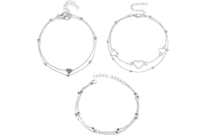 Zngou 3Pcs Anklets For Women, Adjustable Ankle Chain Layered Bracelet Foot Anklet Heart Pendant Boho Double Beach Jewelry Silver Bracelet, 8.7 inch