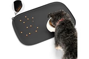 Conlun Tappetino per Cibo di Cane con Tascone Laterale & Foro per Gancetto, Bordi Morbidi Rialzati, Facile da Pulire Impermeabile Antiscivolo in Silicone per Ciotola d'Acqua (60x40cm,Nero)