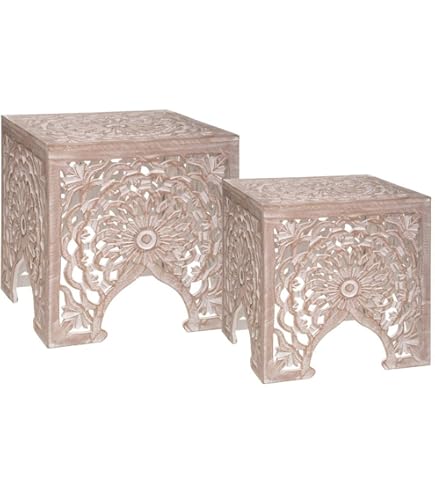 Mesa Auxiliar Marroquí De Madera Tura Rectangular 30 Cm | Mesa Vintage De Madera Decorada Con Latón Para Tu Salón | Mesa Baja Oriental Para Sofá Con Flores Marrón