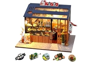 SEPTEMBER-EUROPE Japanese-Style Food and Play Shop Serise Dollhouse Miniature with Furniture, DIY Wooden Dollhouse Kit Creative Room with LED Light (Sakura Sushi)