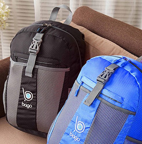 Bago Foldable Black Rucksack for Women and Men. Lightweight Packable Backpack , Great Unisex for Girls & Boys , For Travel School & Sports 25l Black