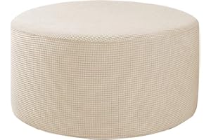 MERIGLARE Round Footstool Cover, Pouffe Covers, Small Ottoman Stool Seat Cover, Removable & Washable Stretch Slipcover Furniture Protector for Round Foot Stool Dia. 48-55cm - Beige