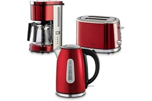 KHG Frühstücksset Wasserkocher, Toaster & Kaffeemaschine in Rot, Edelstahl Metallic Chrom, 1,7l Kapazität, 2 Toast Scheiben & 12 Tassen Kaffee, Kontrollleuchten, Wasserstandsanzeigen, Permanentfilter