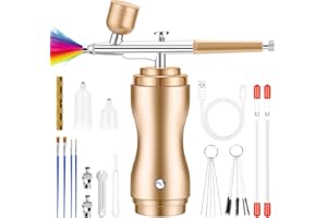 Powate 48 PSI Kit Aerographe avec Compresseur Portable Mini Aérographe Double Action Réglable sans Fil pour Modelisme Peinture Nail Art Gâteaux Tatouage Artisanat,Or
