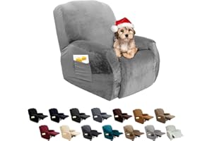 ‎FIGOOO FIGOOO 4-Teilig Stretchhusse für Relaxsessel Mit Seitentasche - Elastisch Waschbar Sesselbezug Sesselschoner - Samt, Hellgrau