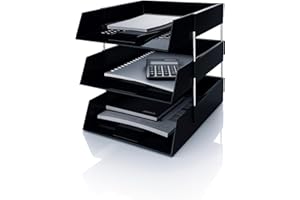 OS Smart Choice A4 Letter Trays, 3-Tier Stackable Document Organiser, Plastic Desktop Filing System, BLACK