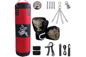 HEYOUTH Sac De Frappe,Sac De Frappe Adulte,Sac De Boxe,15PCS Suspension Boxe Punching Bag avec Gants,Bandages,chaîne,Rotation à 360°,pour Le Muay Thai et Les Combats