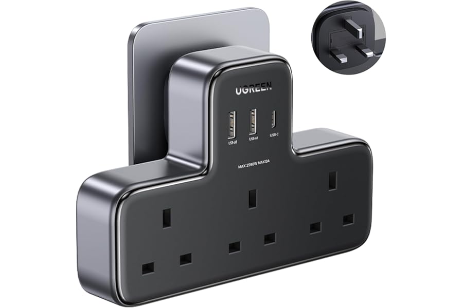 UGREEN 6-in-1 Power Strip Surge Protector Extension Plug Multiple 3 AC Outlet Sockets, Type C Fast Charger 3 USB Ports,Triple