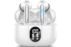 Csasan Auriculares Inalambricos Bluetooth, Auriculares Bluetooth 5.3 Estéreo con 4HD Micro y ENC Cancelacion Ruido, Cascos Inalambricos 40H, IPX7 Impermeable, Auriculares in Ear Pantalla LED Blanco