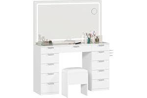 DWVO Dressing Table with Mirror, Cosmetic Table with 11 Drawers, Lighting, Socket, White (Make Up Table, Dressing Table, Cosmetic Table, Vanity Table)