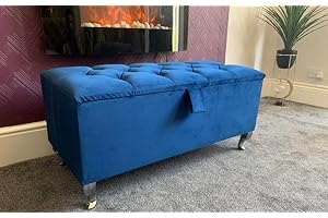 SK LUXURY LIVING Ottoman Storage Box - Engineered Wood Luxurious Plush Velvet Ottoman Storage Bench, Perfectly Designed Ottoman for Bedroom Storage & Blanket Box - (Blue Plush, Legs)