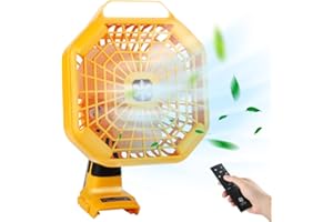 Hipoke Kabelloser tragbarer Ventilator, batteriebetrieben, 3-Gang-3-Timer Desktop-Lüfter mit LED-Licht und Fernbedienung, kompatibel mit Dewalt 14,4-18V-Akku für Ausflüge, Camping, Picknick