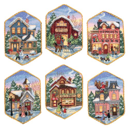 Dimensions Gold Collection Christmas Village Ornaments Counted Cross St-5" Long Set of Six Ivory
