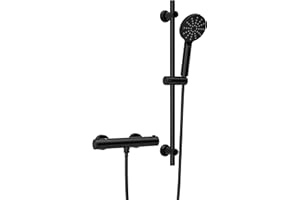 Görbach Grifo termostático con juego de barras de ducha, termostato mezclador + barra de ducha de acero inoxidable 70 cm, DSD12 negro mate