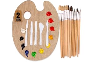JAVIAL 2 Paleta Pintura Madera, Acuarelas y Oleo - Paletas para Pintar mas 24 Pinceles Acuarelas, Pintura Acrílica, Oleo - Mezclar Pinturas 30x40cm mas 10 Raspadores - Wooden Paint Palette