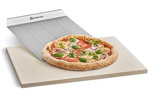 BURNHARD Pizzastein und Pizzaschaufel für Backofen, Gasgrill & Holzkohlegrill aus Cordierit und Edelstahl für Brot, Flammkuchen & Pizza, rechteckig - 38 x 30 x 1,5 cm