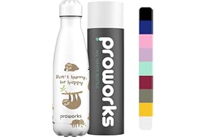 PROWORKS Bottiglia Acqua in Acciaio Inox, Senza BPA Vuoto Isolato Borraccia Termica in Metallo per Bevande Calde per 12 Ore & Fredde 24 Ore, Borraccia per Sport e Palestra - 500ml - Biano - Bradipo