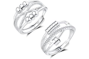 Cangall Silver Anxiety Rings, 2PCS 925 Sterling Silver Fidget Rings Set, Open Adjustable Anxiety Fidget Rings with Beads, Infinity Fiddle Hand Spinner Ring for Anxiety Stress Worry Women Men Daughter