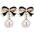 Wendalern Cute Pearl Bow Drop Earrings Black Bowknot Ribbon Stud Earrings White Pearl Bowtie Statement Earrings Christmas Party Jewelry for Women