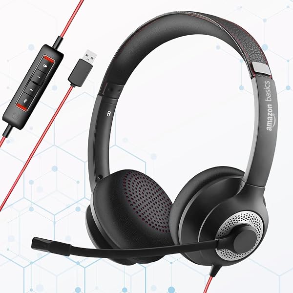Amazon Basics Pro Series Wired USB On Ear Headset with Mic | 40 mm Driver | Computer/PC or Laptop Headphone | Noise Cancellation Microphone | in-line Control fo