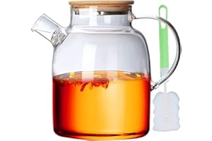NEEMOSI 1,8L Teekanne Glas mit Holzdeckel,Teekanne mit Siebeinsatz,Hitzebeständige Hochborosilikat-Teekanne mit Herausnehmbarem Filter,Elegantes und Modernes Teekannendesign für Tee, Blumentee und Saft