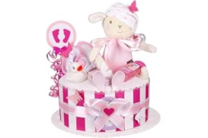 WINDELTORTEZURGEBURT.DE MomsStory - Windeltorte Mädchen | DIY Windelgeschenk | Baby-Geschenk zur Geburt Taufe Babyshower | Babytorte 1 Stöckig (Rosa-Weiß) Geburtsgeschenk